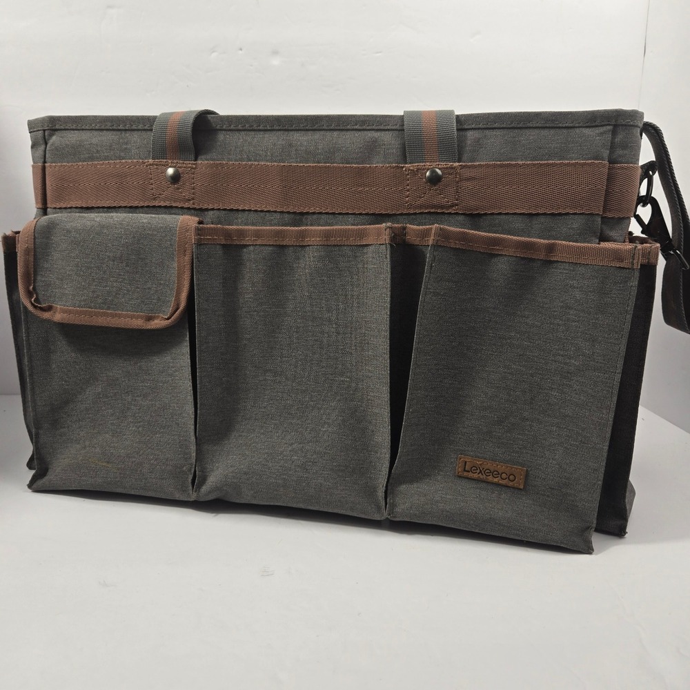 Lexeeco Utility Tote Bag Gray Canvas Organizer Insulated Bottom with Dividers